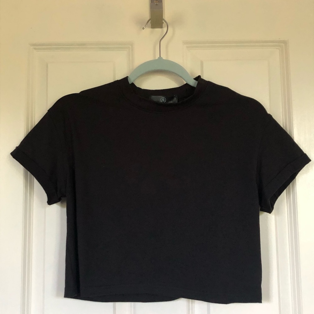 Petite Black Roll Sleeve Crop Tee